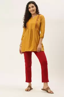 Women Mustard Cotton Blend Fit & Flare Top