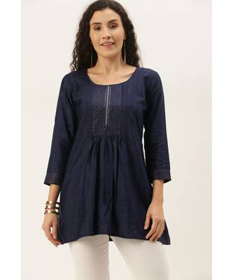 Women Navy Blue Cotton Blend Fit & Flare Top 1