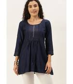 Women Navy Blue Cotton Blend Fit & Flare Top
