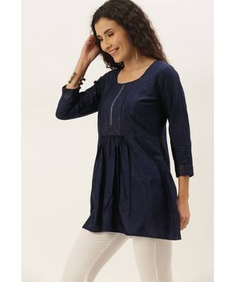 Women Navy Blue Cotton Blend Fit & Flare Top 2