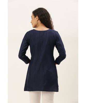 Women Navy Blue Cotton Blend Fit & Flare Top 3