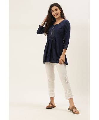 Women Navy Blue Cotton Blend Fit & Flare Top 4