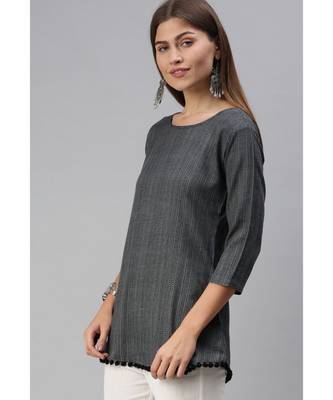 Women Cotton Blend Grey Fit & Flare Top 2