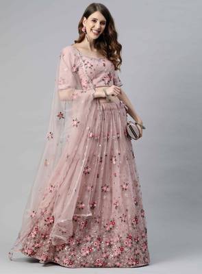 Light-pink embroidered net semi stitched lehenga 1