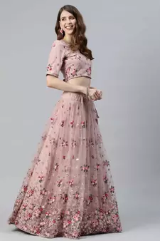 Light-pink embroidered net semi stitched lehenga