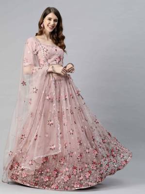 Light-pink embroidered net semi stitched lehenga 4