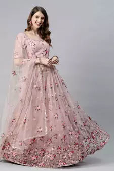 Light-pink embroidered net semi stitched lehenga