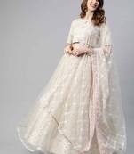 Beige embroidered net semi stitched lehenga
