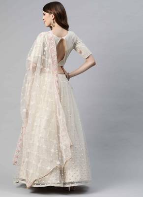 Beige embroidered net semi stitched lehenga 2