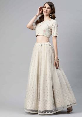 Beige embroidered net semi stitched lehenga 3