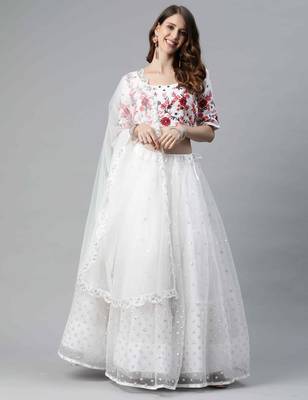 White embroidered net semi stitched lehenga 1