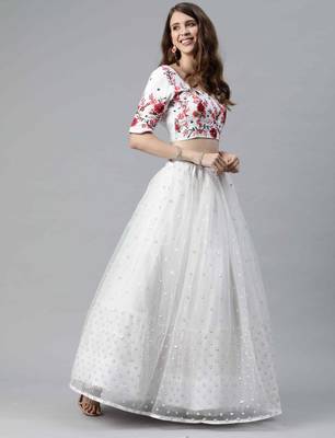 White embroidered net semi stitched lehenga 3