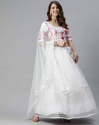 White embroidered net semi stitched lehenga 4