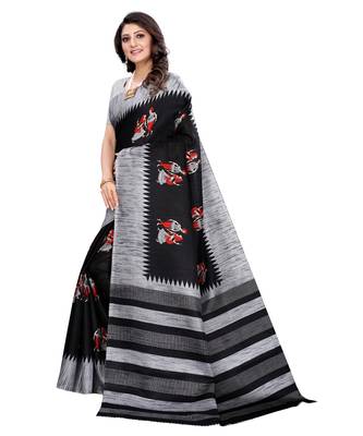Black printed khadi saree with blouse 2
