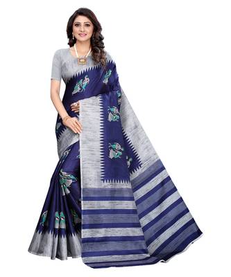 Navy blue printed khadi saree with blouse 1