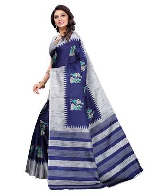 Navy blue printed khadi saree with blouse 2