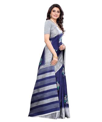 Navy blue printed khadi saree with blouse 3