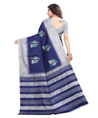 Navy blue printed khadi saree with blouse 4
