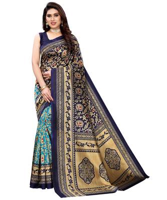 Navy blue printed poly silk saree with blouse 1