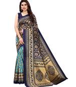Navy blue printed poly silk saree with blouse