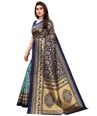 Navy blue printed poly silk saree with blouse 2