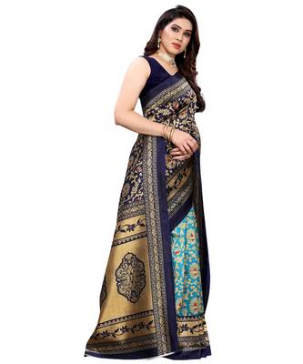 Navy blue printed poly silk saree with blouse 3