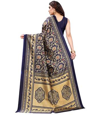 Navy blue printed poly silk saree with blouse 4
