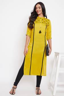 Yellow embroidered rayon kurtas-and-kurtis