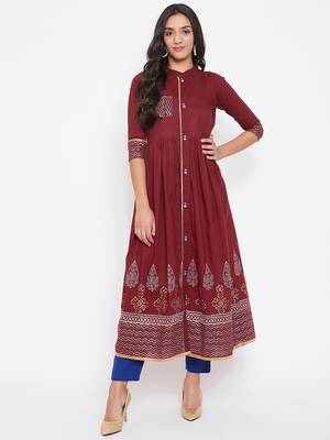 Maroon printed cotton cotton-kurtis 1