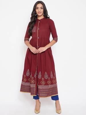 Maroon printed cotton cotton-kurtis 2