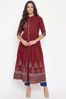 Maroon printed cotton cotton-kurtis
