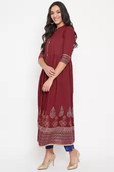 Maroon printed cotton cotton-kurtis