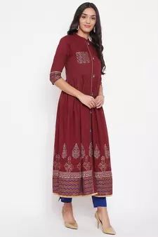 Maroon printed cotton cotton-kurtis