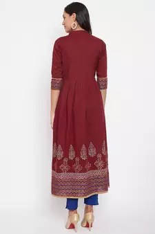 Maroon printed cotton cotton-kurtis