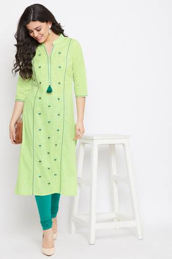 Light-green embroidered cotton embroidered-kurtis