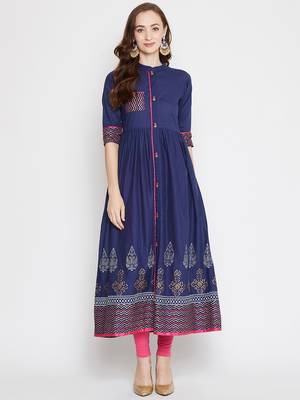 Navy blue printed cotton cotton-kurtis 1