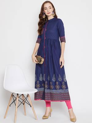 Navy blue printed cotton cotton-kurtis 2