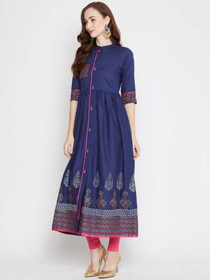 Navy blue printed cotton cotton-kurtis 3