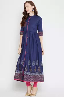 Navy blue printed cotton cotton-kurtis