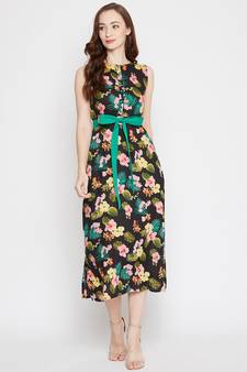 Black printed viscose rayon long-dresses