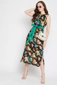 Black printed viscose rayon long-dresses