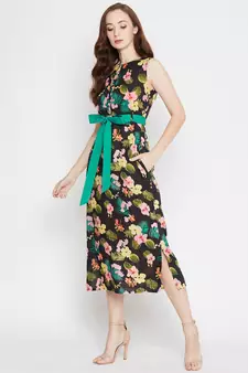 Black printed viscose rayon long-dresses