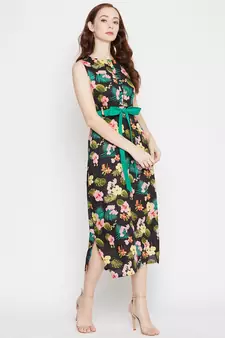 Black printed viscose rayon long-dresses