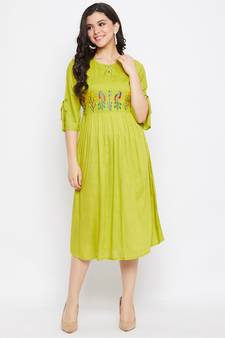 Green embroidered viscose rayon
 long-dresses