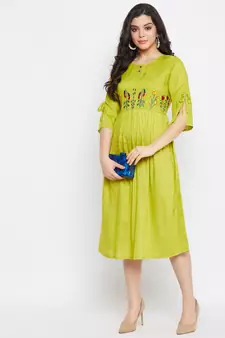 Green embroidered viscose rayon
 long-dresses