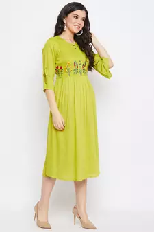 Green embroidered viscose rayon
 long-dresses