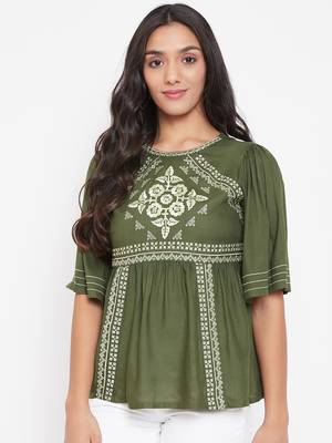 Green embroidered viscose rayon
 party-tops 1