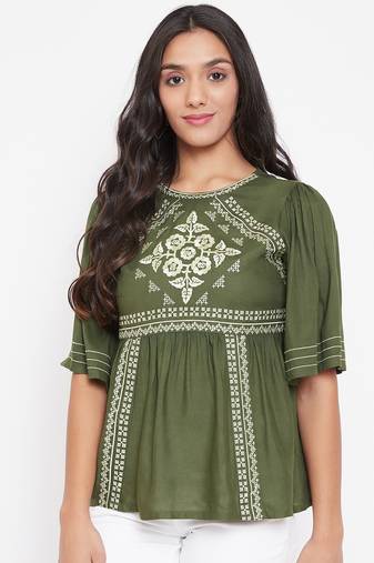 Green embroidered viscose rayon
 party-tops