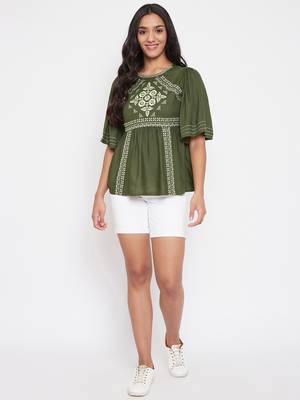 Green embroidered viscose rayon
 party-tops 2