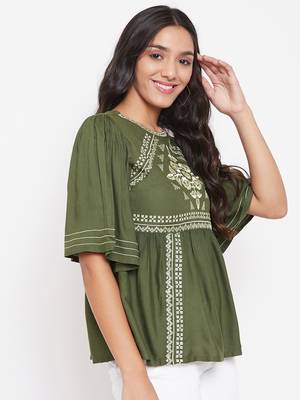 Green embroidered viscose rayon
 party-tops 4